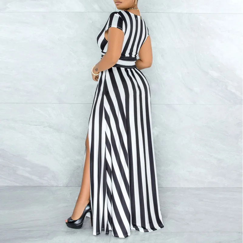 Striped Pattern Deep V-Neck Short Sleeve High Slit Maxi Dress