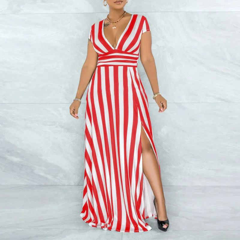 Striped Pattern Deep V-Neck Short Sleeve High Slit Maxi Dress