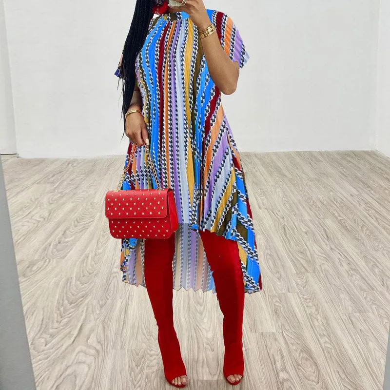 Striped Short Sleeve Pleats High Low Hem Dress