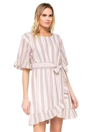 TIED WAIST RUFFLE DETAIL STRIPED WRAP DRESS