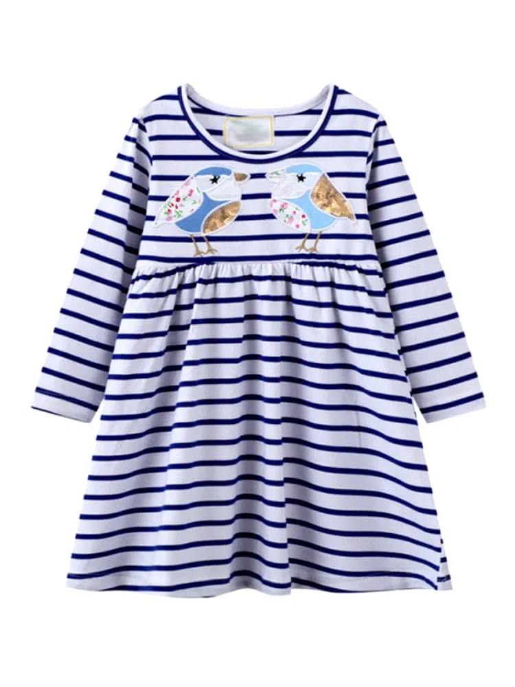Tweetie Bird - Girls Long Sleeve Blue and White Flared Striped Dress
