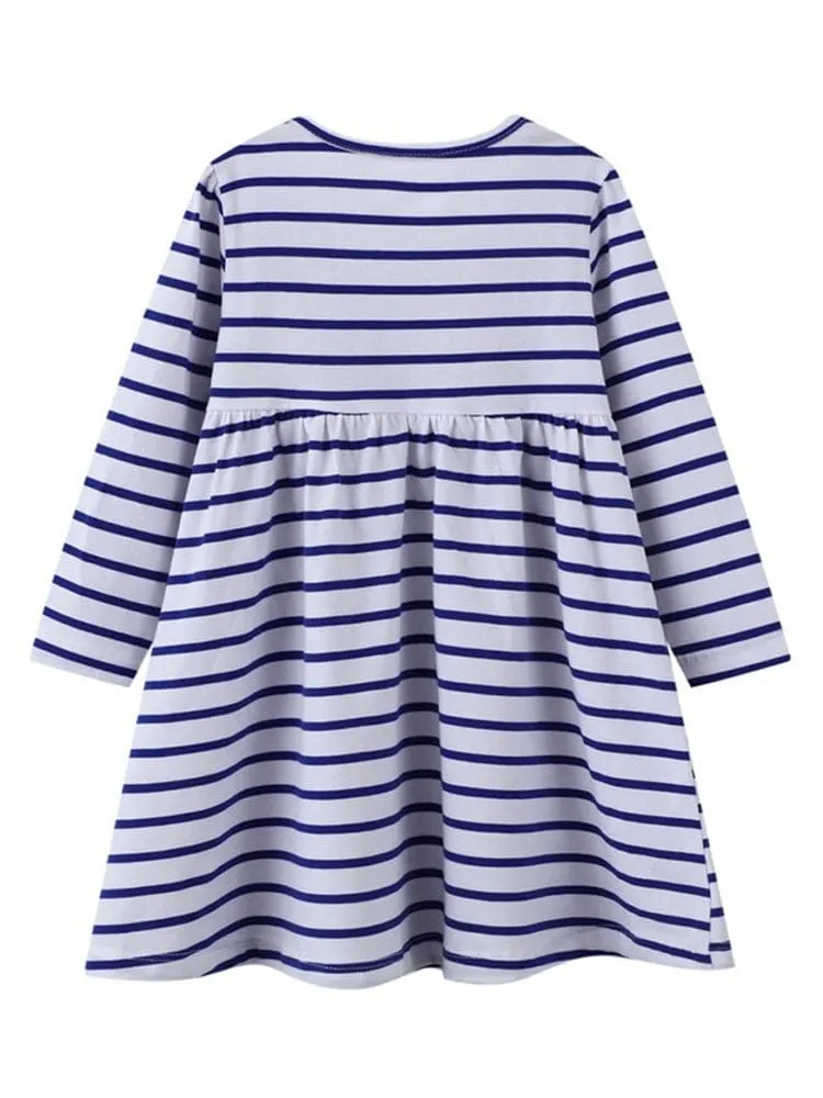 Tweetie Bird - Girls Long Sleeve Blue and White Flared Striped Dress