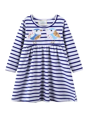 Tweetie Bird - Girls Long Sleeve Blue and White Flared Striped Dress