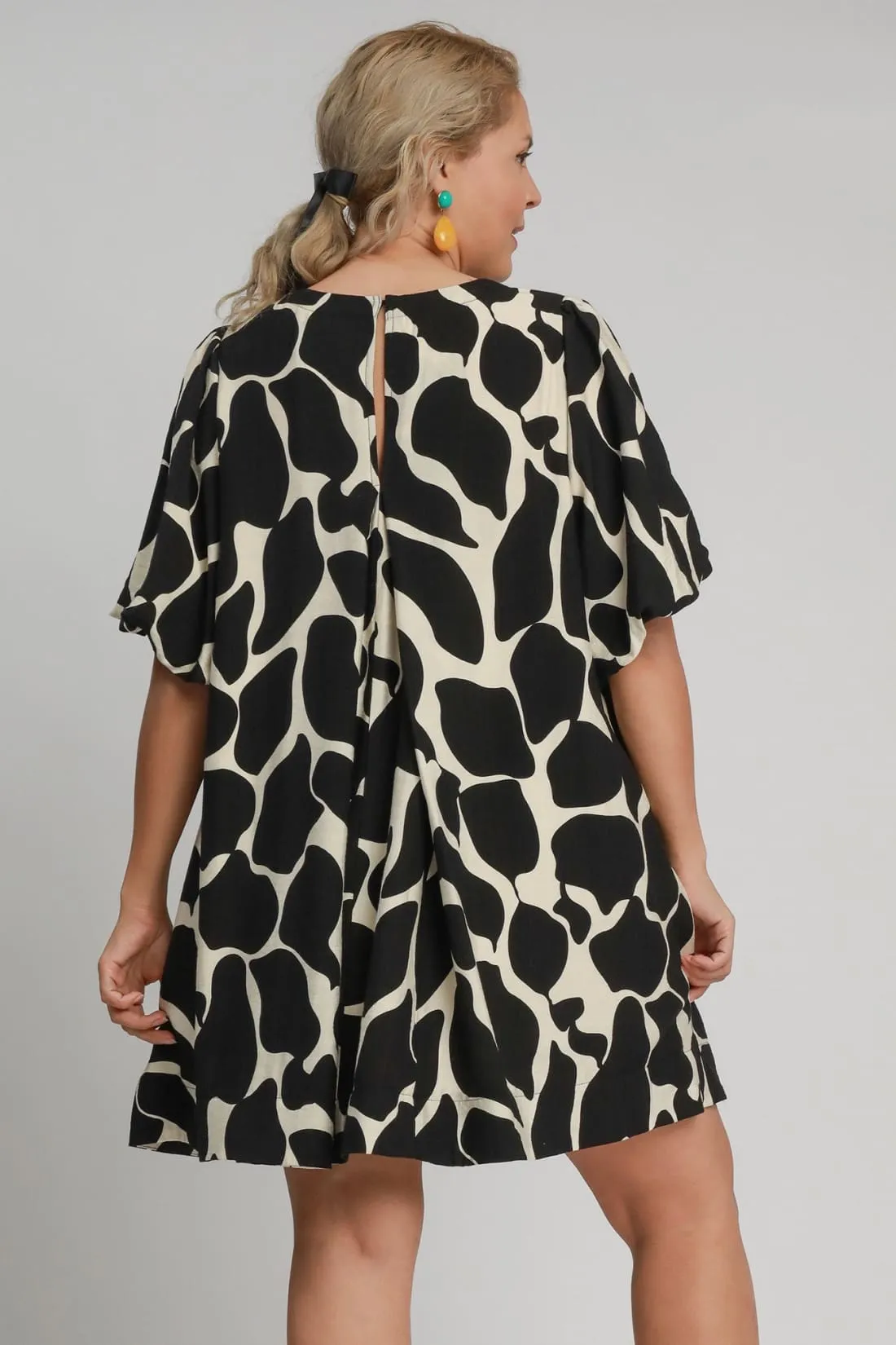 Two Tone Abstract Print Puff Sleeve Dress
