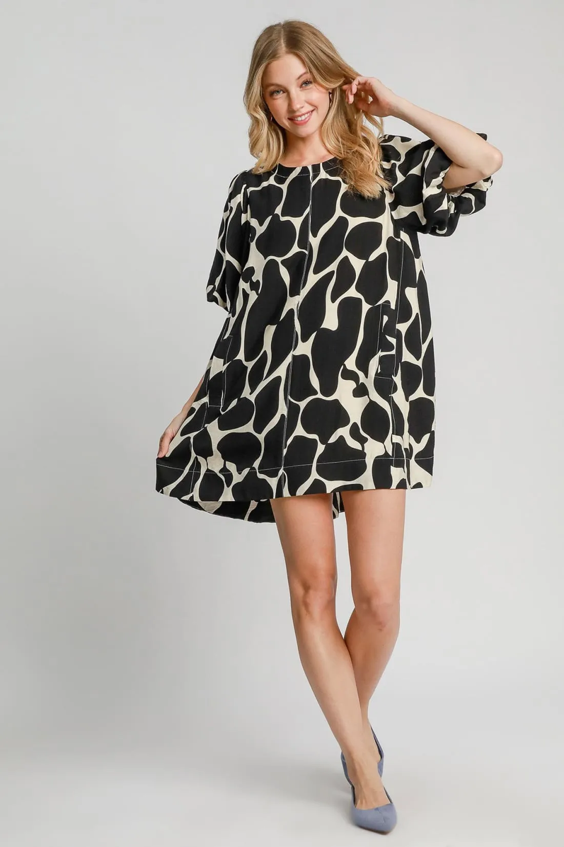 Two Tone Abstract Print Puff Sleeve Dress