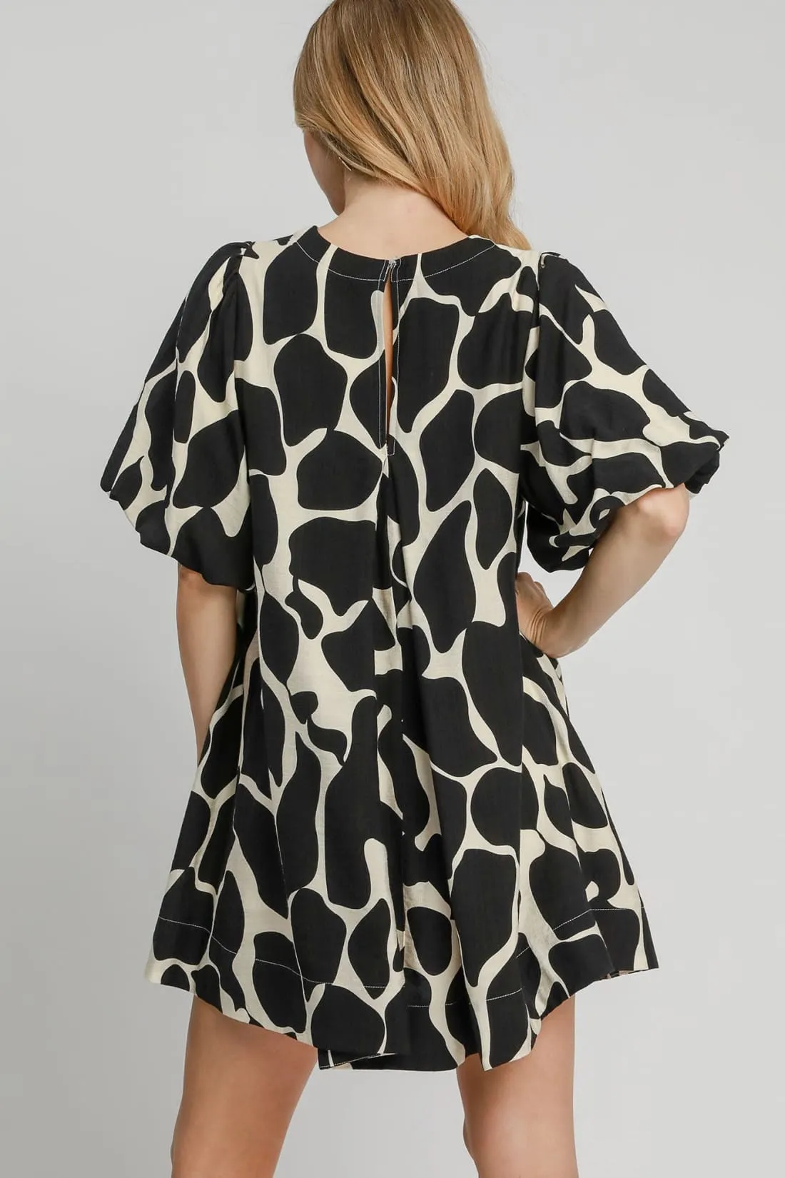 Two Tone Abstract Print Puff Sleeve Dress