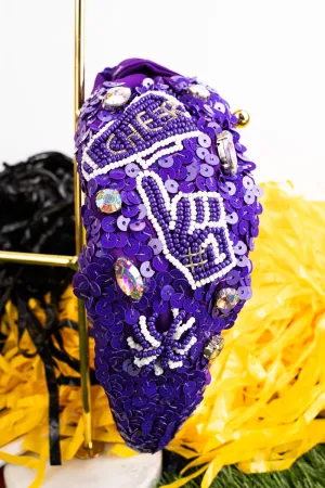 We're #1 Purple Seed Bead Sequin Knotted Headband
