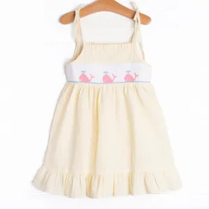 Whale's Tail Smocked Dress, Yellow Seersucker