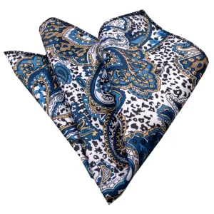 White Blue Tan Paisley Mens Pocket Square - Premium Silk Handkerchiefs for Suits