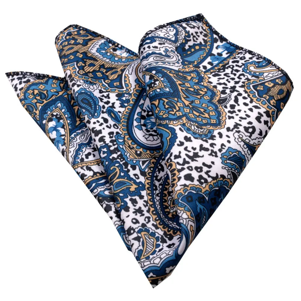 White Blue Tan Paisley Mens Pocket Square - Premium Silk Handkerchiefs for Suits