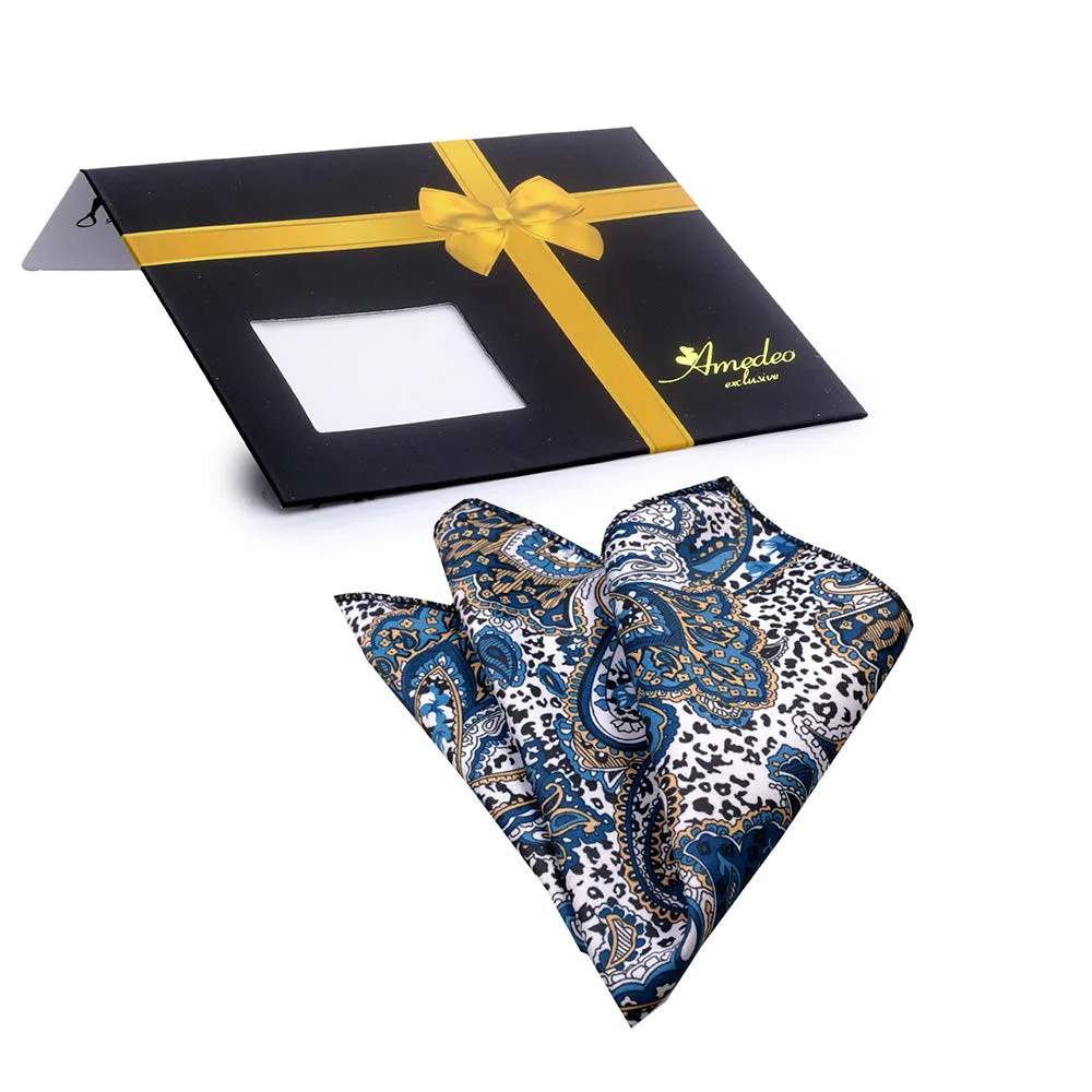 White Blue Tan Paisley Mens Pocket Square - Premium Silk Handkerchiefs for Suits
