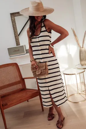 White Striped Sleeveless U-Neck Button Front Sweater Dress
