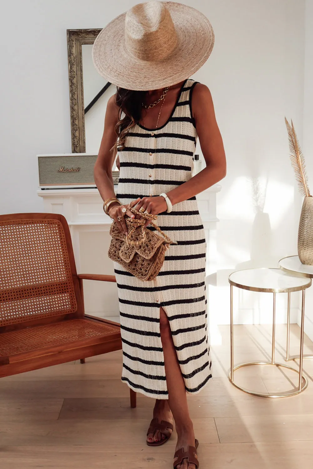 White Striped Sleeveless U-Neck Button Front Sweater Dress