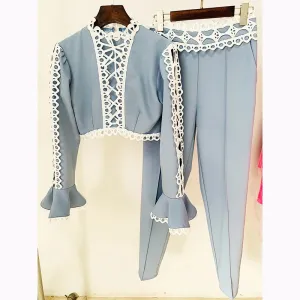 Women's Designer 2 Piece Pant Suit Flare Sleeve Hollow Out Lace Trimmed Top & Slim Pencil Pants Set