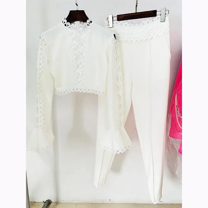 Women's Designer 2 Piece Pant Suit Flare Sleeve Hollow Out Lace Trimmed Top & Slim Pencil Pants Set