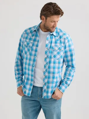 Wrangler Retro Bright Blue & White Plaid Western Snap Shirt for Men