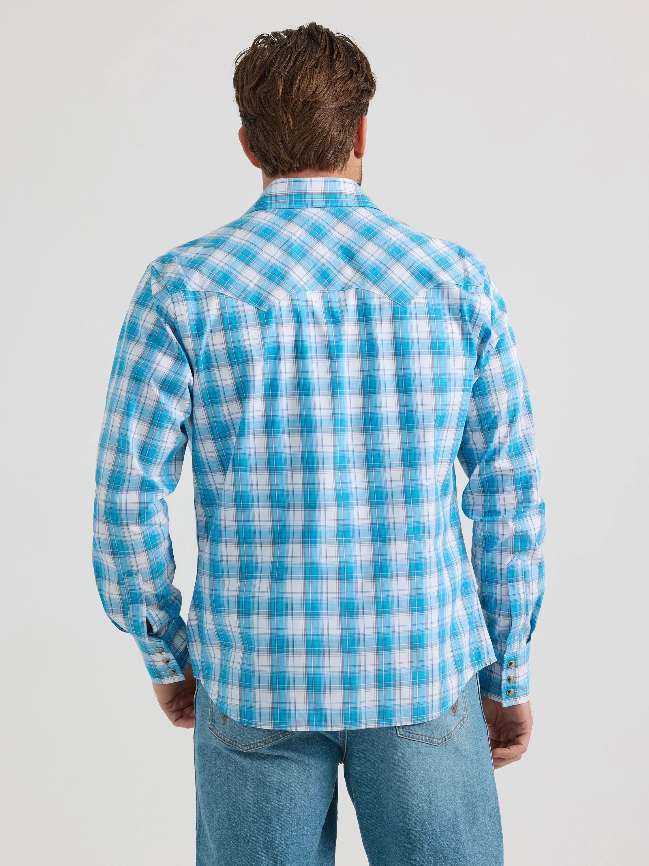 Wrangler Retro Bright Blue & White Plaid Western Snap Shirt for Men