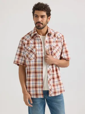 Wrangler Retro Men's Maroon/Orange/White Plaid Short Sleeve Snap Western Shirt